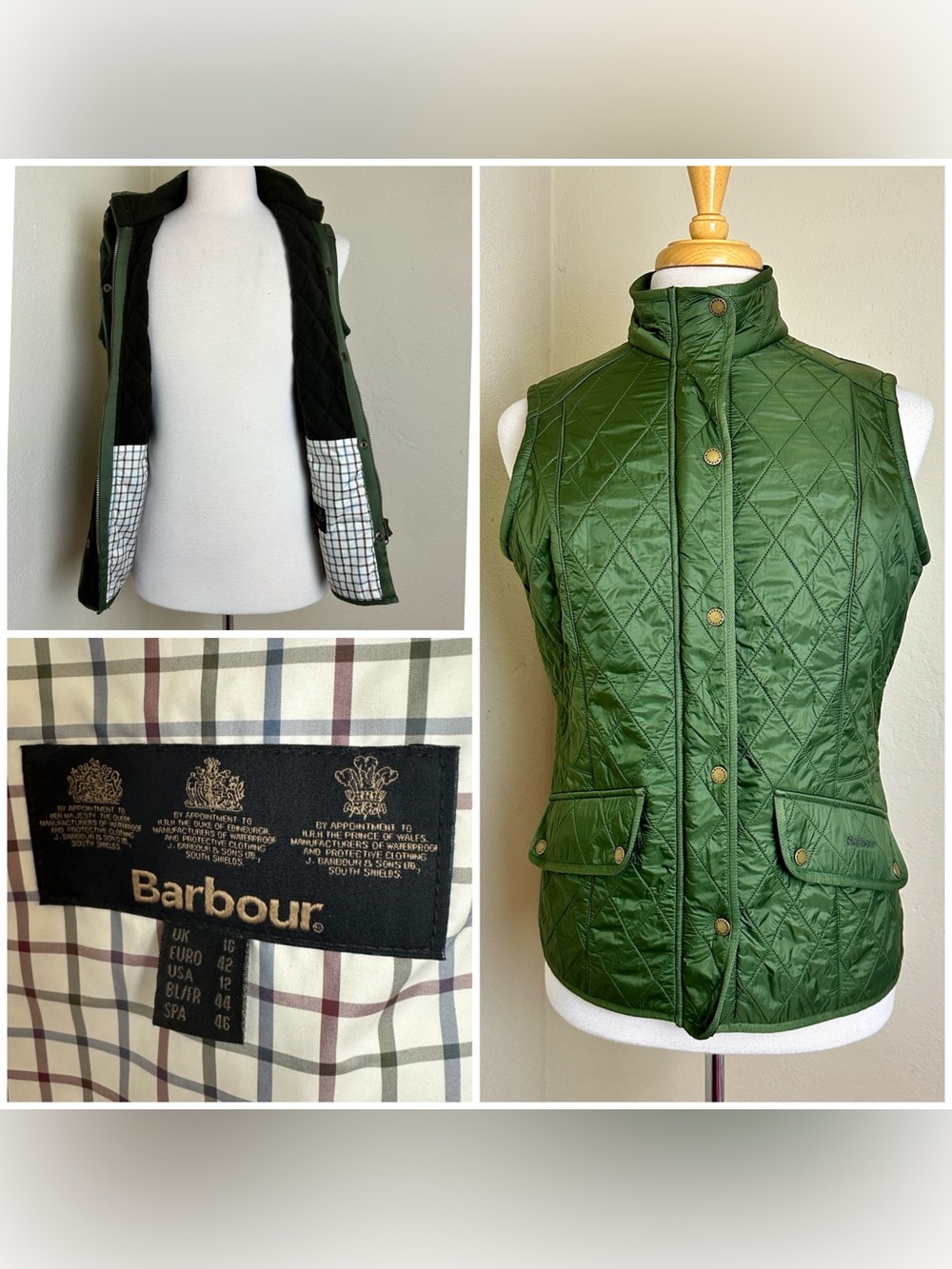 Barbour Cavalry Gilet Vest Ws Green Quilted Fleece Lined Zip Pocket Jacket Sz 12
